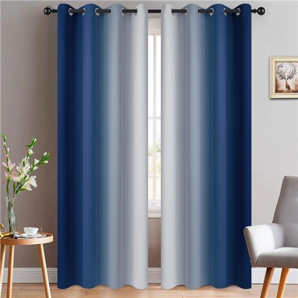 Blue and Greyish White Ombre Curtains, Room Darkening Gradient Color Curtains - Picture 1 of 6